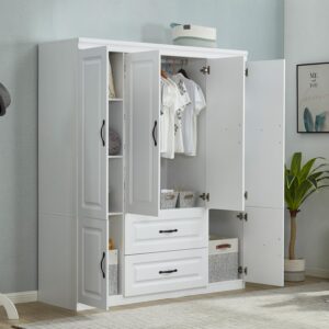 71" H Closet with Doors White Wooden Armoire Wardrobe Closet Freestanding Clothes Storage Closet Bedroom Armoires Wood Wardrobe Storage Closet Cabinet with Hanging Rod Shelf 2 Drawers, 4 Doors White