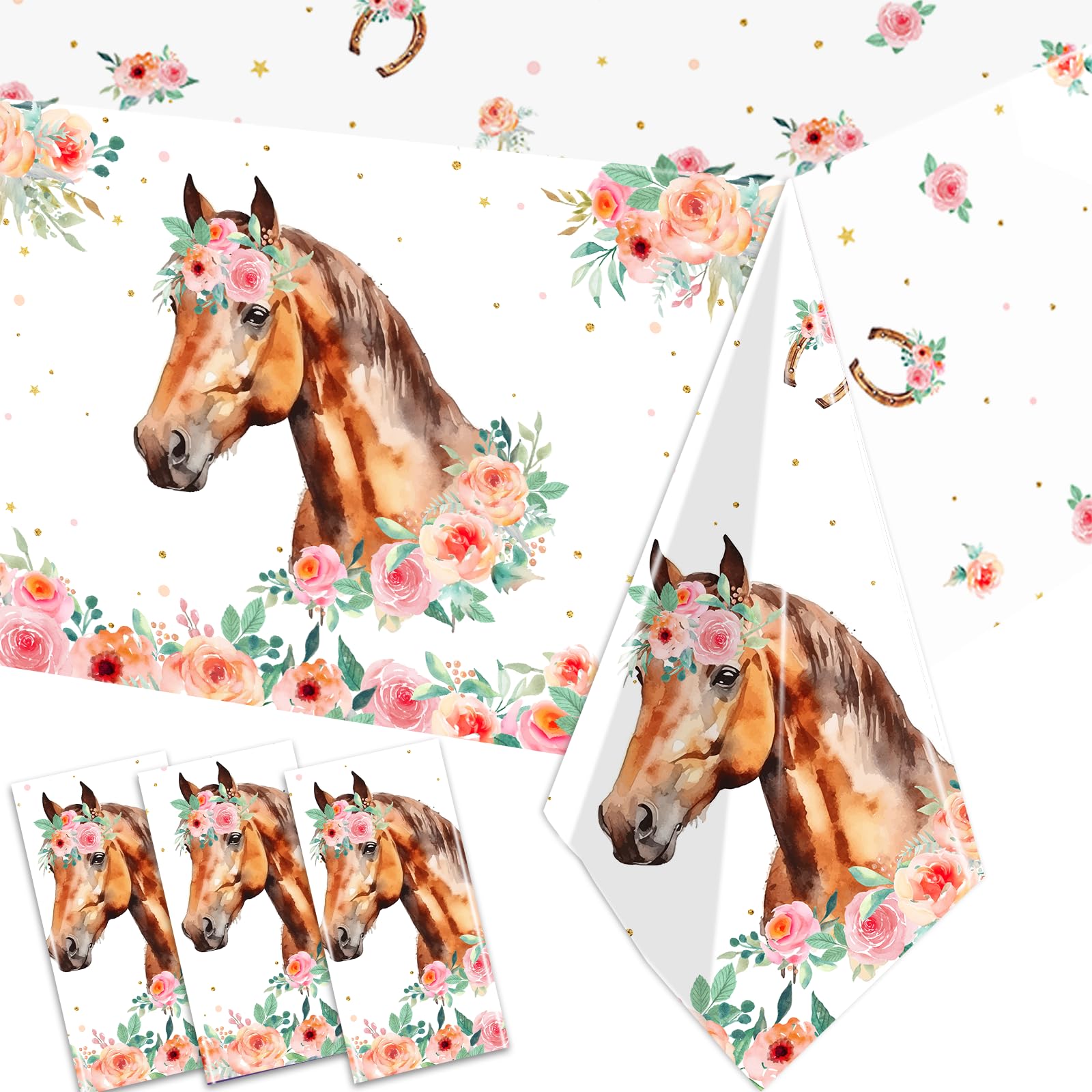 3 Pack Pink Horse Party Tablecloth Western Cowgirl Party Tablecloth Disposable Cowgirl Birthday Party Supplies Wild Horse Theme Table Covers for Girls Pink Horse Birthday Baby Shower(Horse)