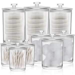 ziliny 9 pack acrylic apothecary jars with lids plastic holder dispenser for cotton ball, 12/32/42 oz clear round storage container organizer accessories for cotton swab floss kitchen bathroom vanity