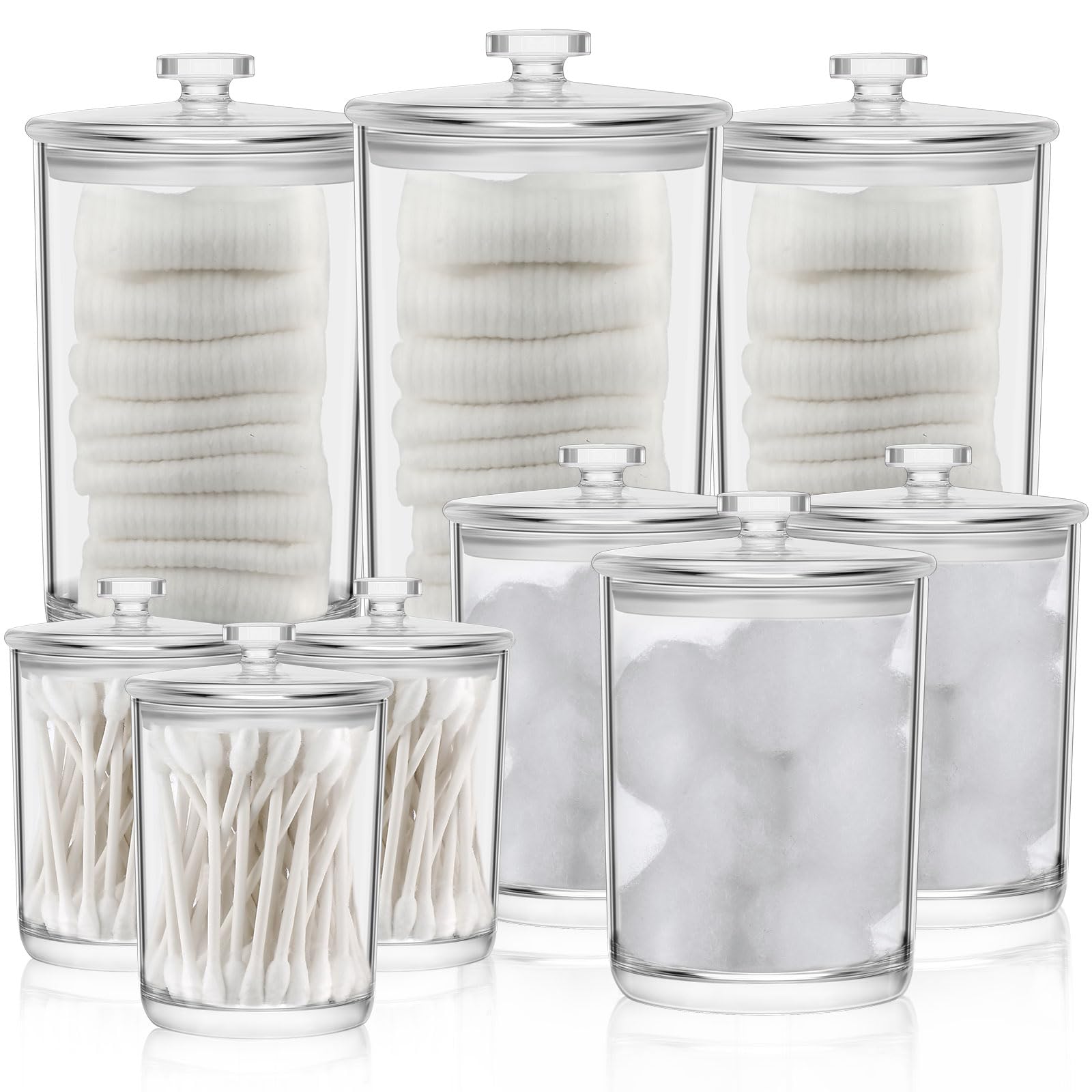 Ziliny 9 Pack Acrylic Apothecary Jars with Lids Plastic Holder Dispenser for Cotton Ball, 12/32/42 oz Clear Round Storage Container Organizer Accessories for Cotton Swab Floss Kitchen Bathroom Vanity