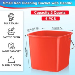 Zhehao 6 Pcs 3 Quart Cleaning Bucket Small Red Detergent Square Bucket Sanitizing Plastic Bucket with Handles Square Buckets Cleaning Bucket for Home, Offices, School, Commercial Use, Food Service