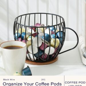 getstar Coffee Pod Holder, Large Black Wire Coffee Bar Accessories with Acacia Wood Base