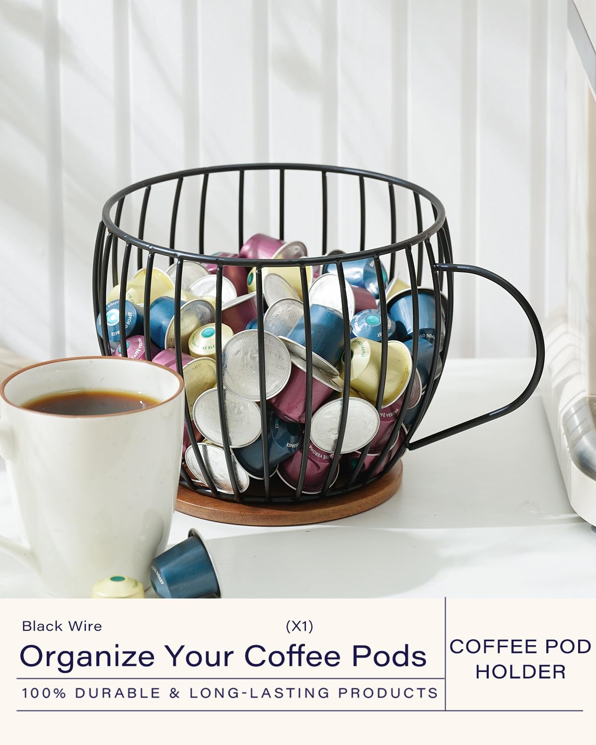 getstar Coffee Pod Holder, Large Black Wire Coffee Bar Accessories with Acacia Wood Base