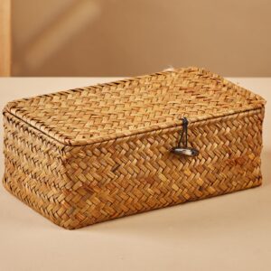 Shelf Baskets with Lid Wicker Baskets with Lids, Nautral Seagrass Storage Baskets, Woven Rectangular Basket Bins (3)