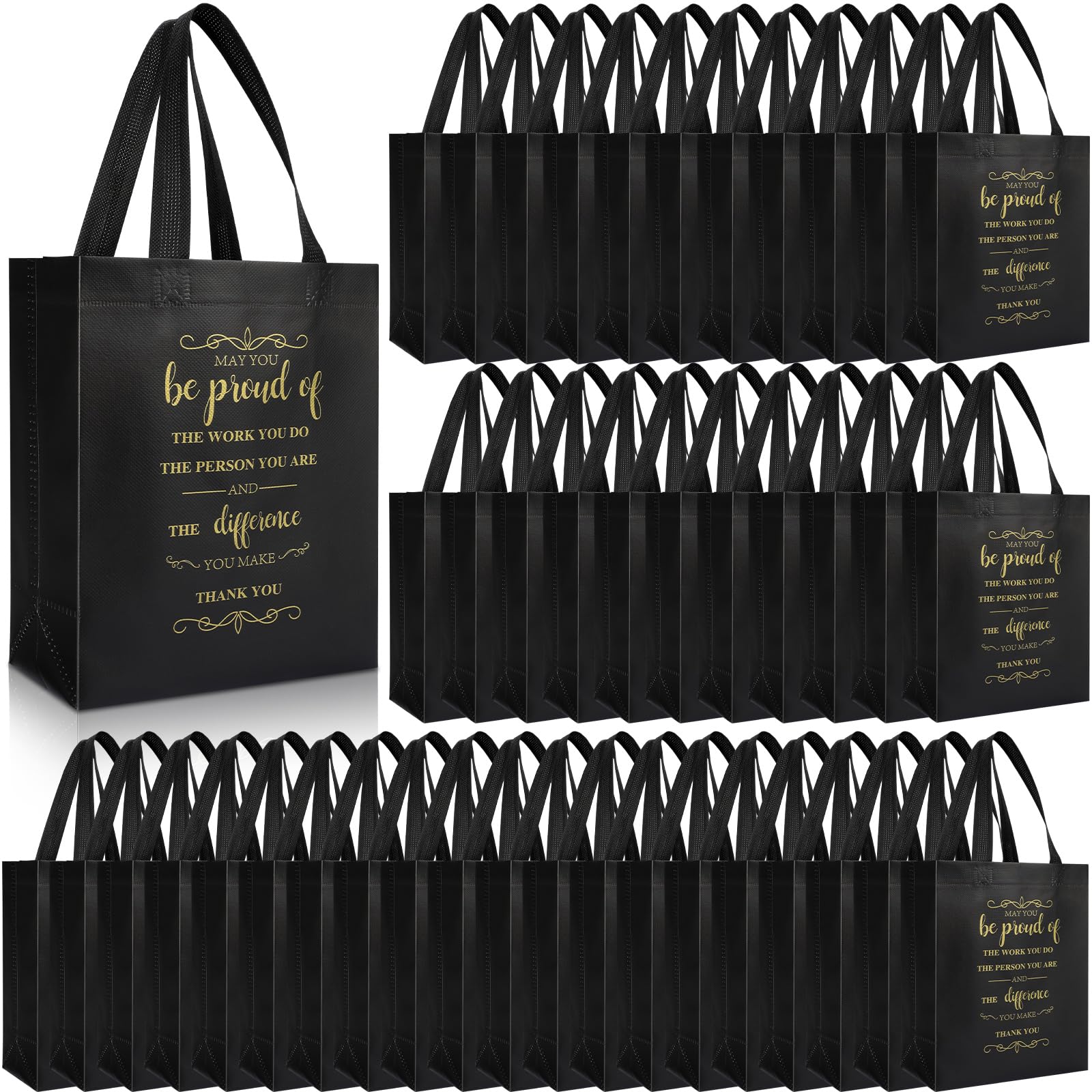 Paterr 100 Pcs Employee Appreciation Gift Bags 10 x 8 x 4'' Non Woven Thank You Gifts Bags Bulk Inspirational Gift Bags with Handle May You Be Proud Gift Bags for Colleague Teacher Doctor(Black)