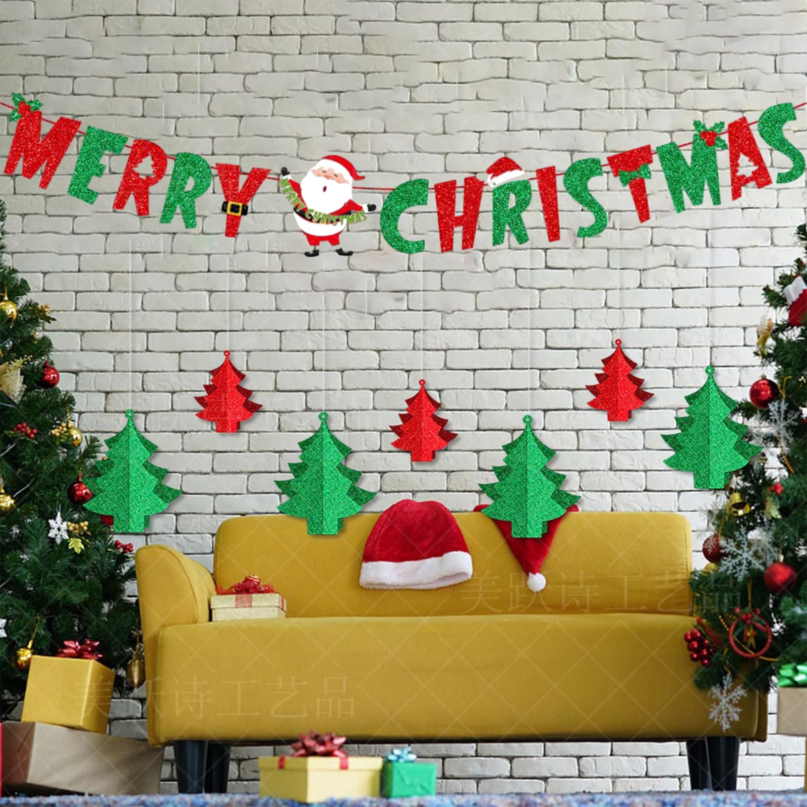 Comelodiant Merry Christmas Banner Glitter Christmas Banner Red &Green Christmas Bunting Banner Sign for Xmas Decorations Indoor Christmas Home Wall Fireplace Mantel Décor