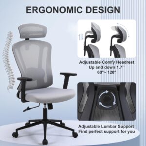 Ermnois Ergonomic Home Office Chair, High Back Desk Chair with Adjustable Lumbar Support, 2D Armrest and Headrest, Mesh Computer Gaming Chair with Tilt Function (1, Grey)