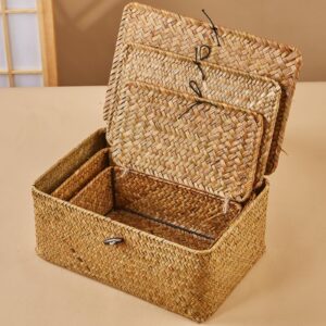 Shelf Baskets with Lid Wicker Baskets with Lids, Nautral Seagrass Storage Baskets, Woven Rectangular Basket Bins (3)