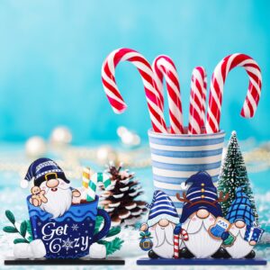 Huwena 5 Pcs Christmas Table Decorations Wooden Xmas Table Centerpiece Signs Joy Snowman Gnomes Table Signs Buffalo Plaid Christmas Decors for Winter Holiday Tiered Tray Table Top Decor(Blue)