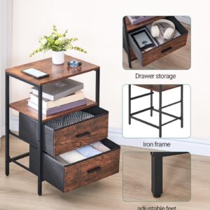 Hzuaneri End Table, Nightstands with 2 Fabric Storage Drawers and Shelves, Side Table, Bedside Tables with Open Storage Shelf for Bedroom, Office, Rustic Brown NS30701B