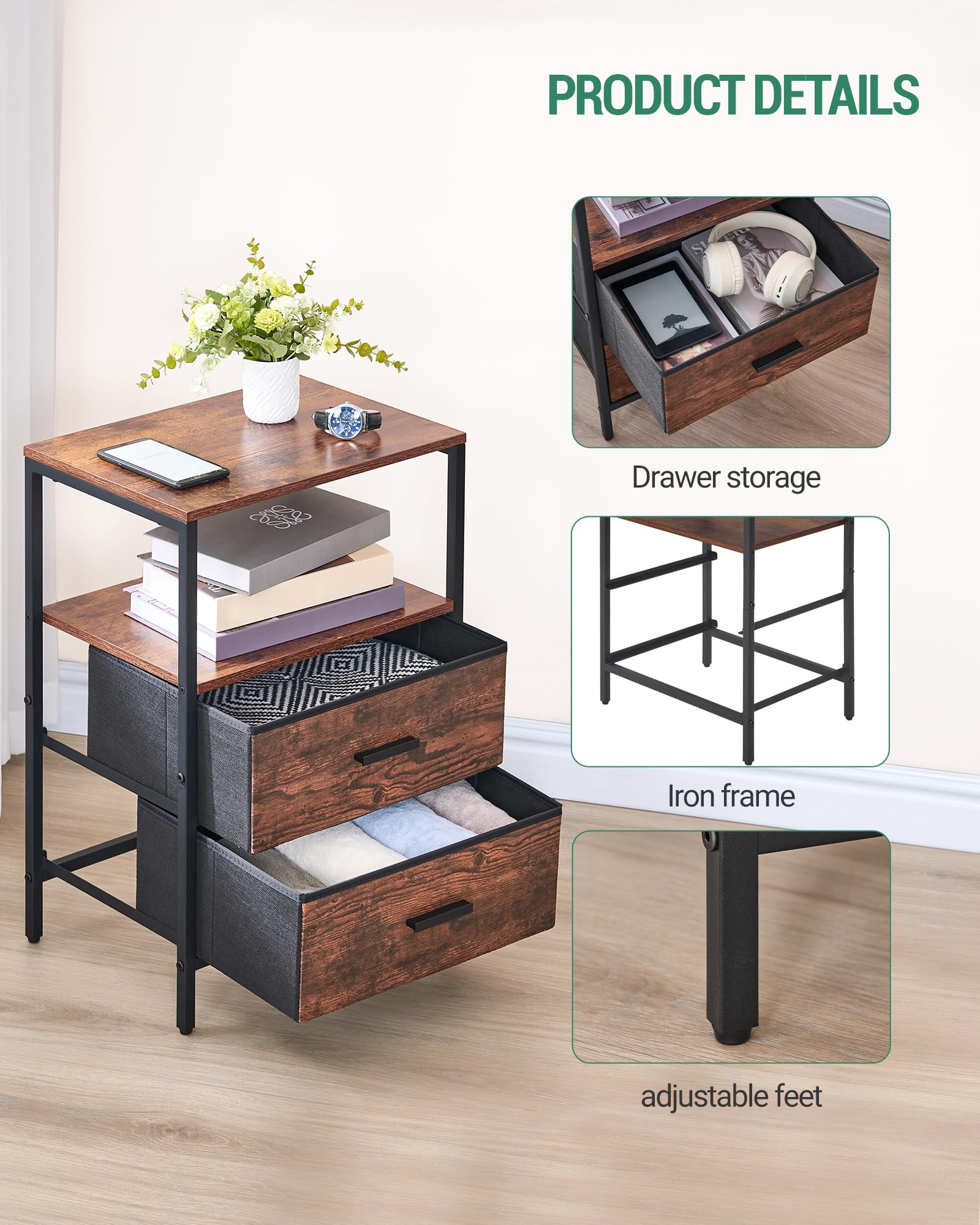 Hzuaneri End Table, Nightstands with 2 Fabric Storage Drawers and Shelves, Side Table, Bedside Tables with Open Storage Shelf for Bedroom, Office, Rustic Brown NS30701B