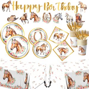 horse birthday party decorations-143pcs pink floral horse birthday tableware kit horse western cowgirl theme birthday including paper plates, napkins for kids birthday baby shower decor (horse)