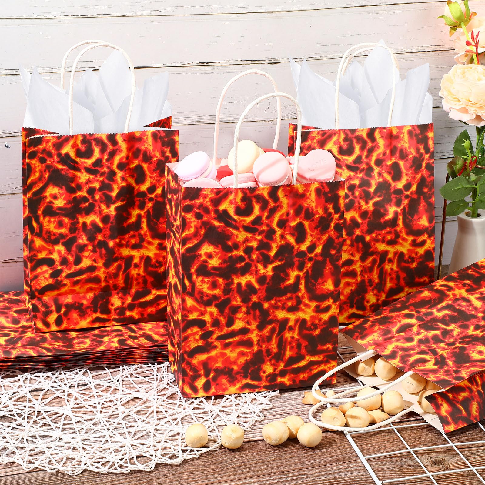 24 Pack Lava Paper Bags Lava Party Supplies, Volcano Birthday Fire Party Gift Kraft Bags, Dragon Dinosaur Theme Party Bags for Lava Floor Game Lava Theme Party with Handles, 8.7 x 6.3 x 3.2 inches