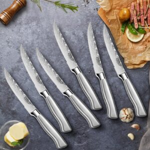 SCOLE® Steak Knives, 4.5 inches Steak Knife Set of 6, Dishwasher Safe Serrated Steak Knives German Stainless Steel Dinner Knives with Gift Box, Silver