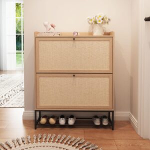 AVZEAR Freestanding Shoe Cabinet with 2 Flip Drawers - Modern Narrow Organizer for Hallway, Bedroom, and Entryway (Natural)