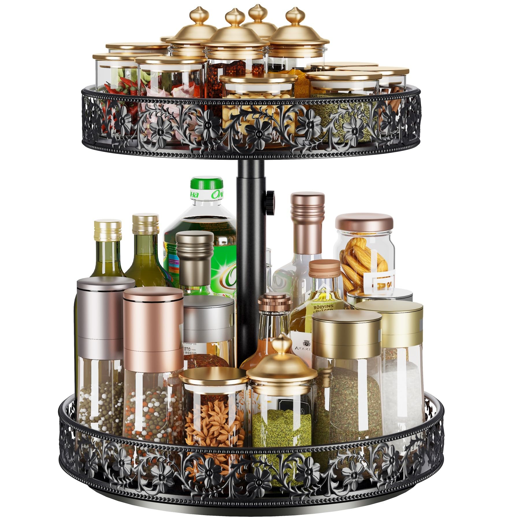 Two Tier Lazy Susan Organizer Turntable Height Adjustable, 2 Tier Lazy Susan 12 Inch Metal Easy Assembly, Lazy Susan Spice Rack Organizer Rotating for Cabinet Dining Table Top Kitchen Countertop Black