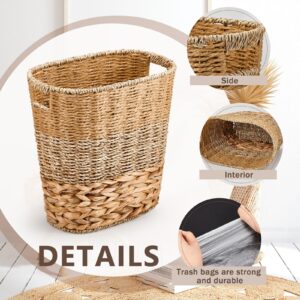 Ziliny 2 Pcs Wicker Trash Can with 50 Small Trash Bag Wicker Waste Woven Basket with Handles Clear Multi Use Garbage Bags for Bathroom Kitchen Bedroom