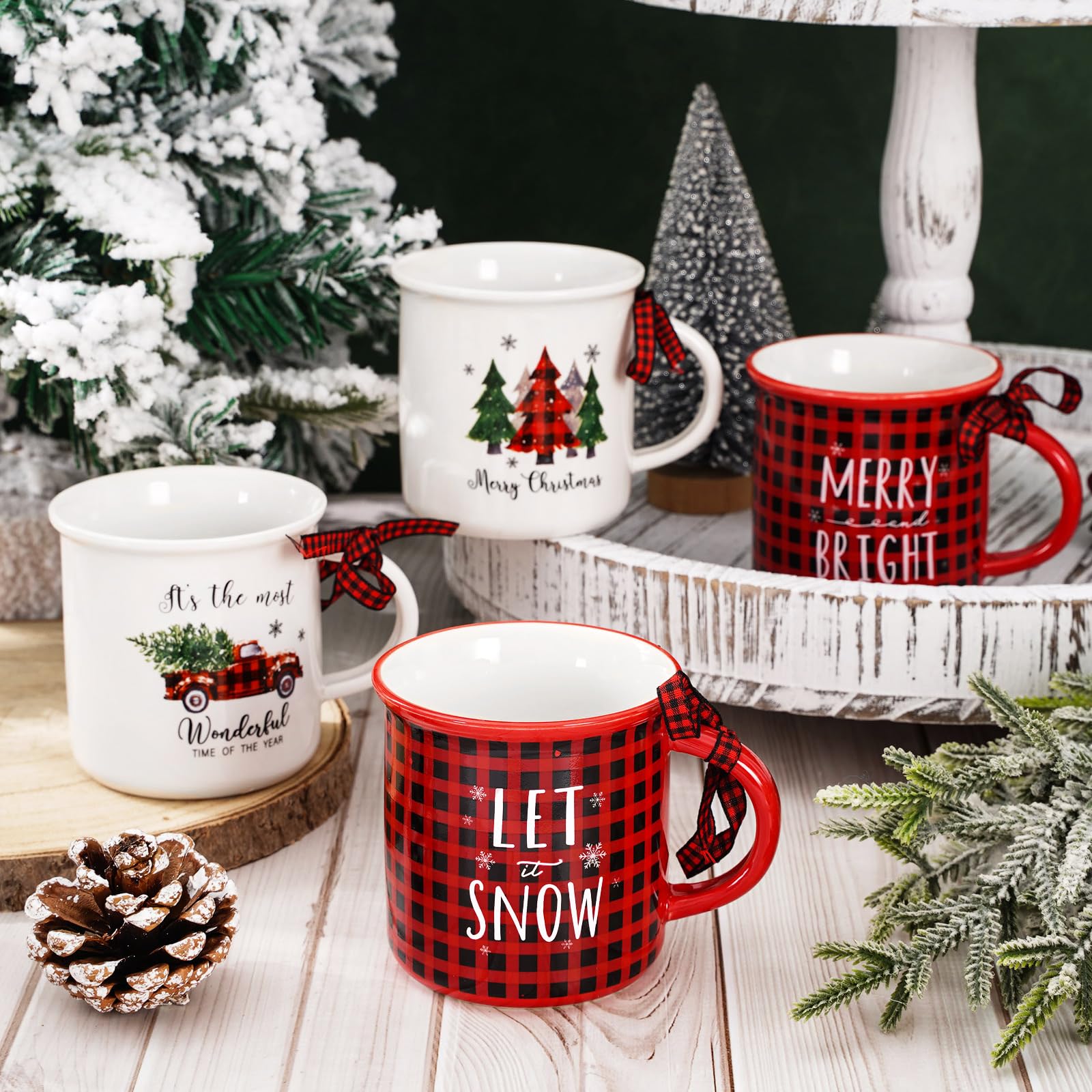 Whaline 4Pcs Christmas Mini Mugs with Plaid Ribbon Red Black Plaid Xmas Tree Truck Snowflake Mini Coffee Mug Merry Christmas Party Cups for Table Centerpieces Tiered Tray Decor Gifts