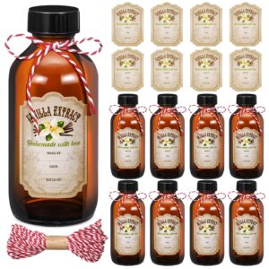 uiifan 8 pcs vanilla extract bottles boston round bottles with caps glass bottle and 8 pcs vanilla extract labels stickers for syrup gift glass food storage canister set sauce beans (4 oz)