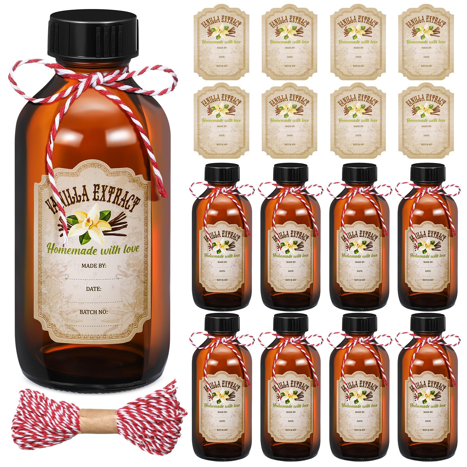 Uiifan 8 Pcs Vanilla Extract Bottles Boston Round Bottles with Caps Glass Bottle and 8 Pcs Vanilla Extract Labels Stickers for Syrup Gift Glass Food Storage Canister Set Sauce Beans (4 oz)