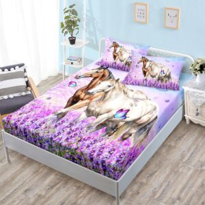 HOSIMA Farm Animal Bedding Set Horse Fitted Sheet,Butterfly Lilac Floral Fitted Sheet Sets for Girls Couple Room Decor Aesthetic Bedding Sets Castle Fairy Twin Fitted Sheet with 2 Pillowcases.