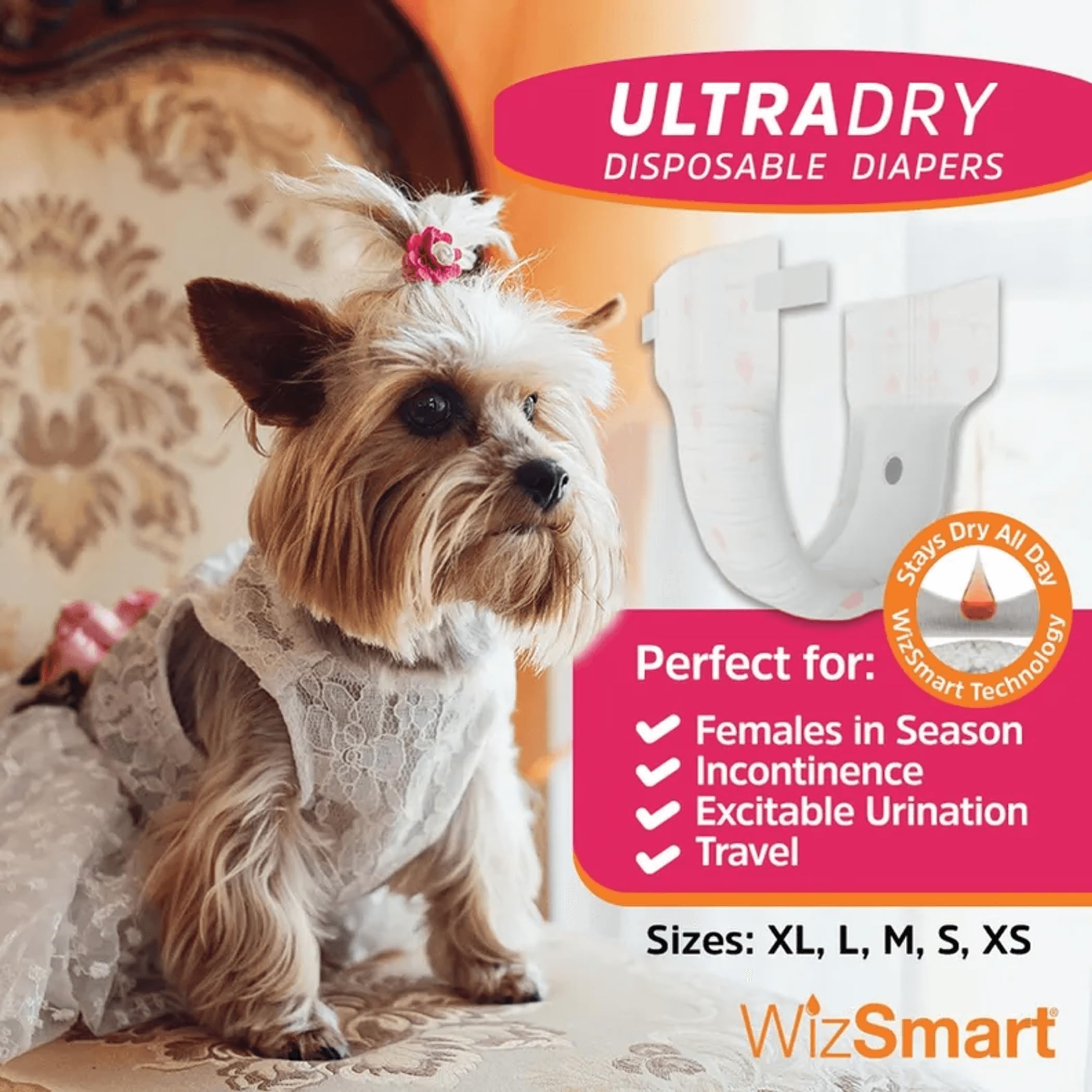 WizSmart UltraDry Disposable Dog Diapers | Female Dog Diapers | Ulrta Absorbent and Comfortable (Extra Small, 12)