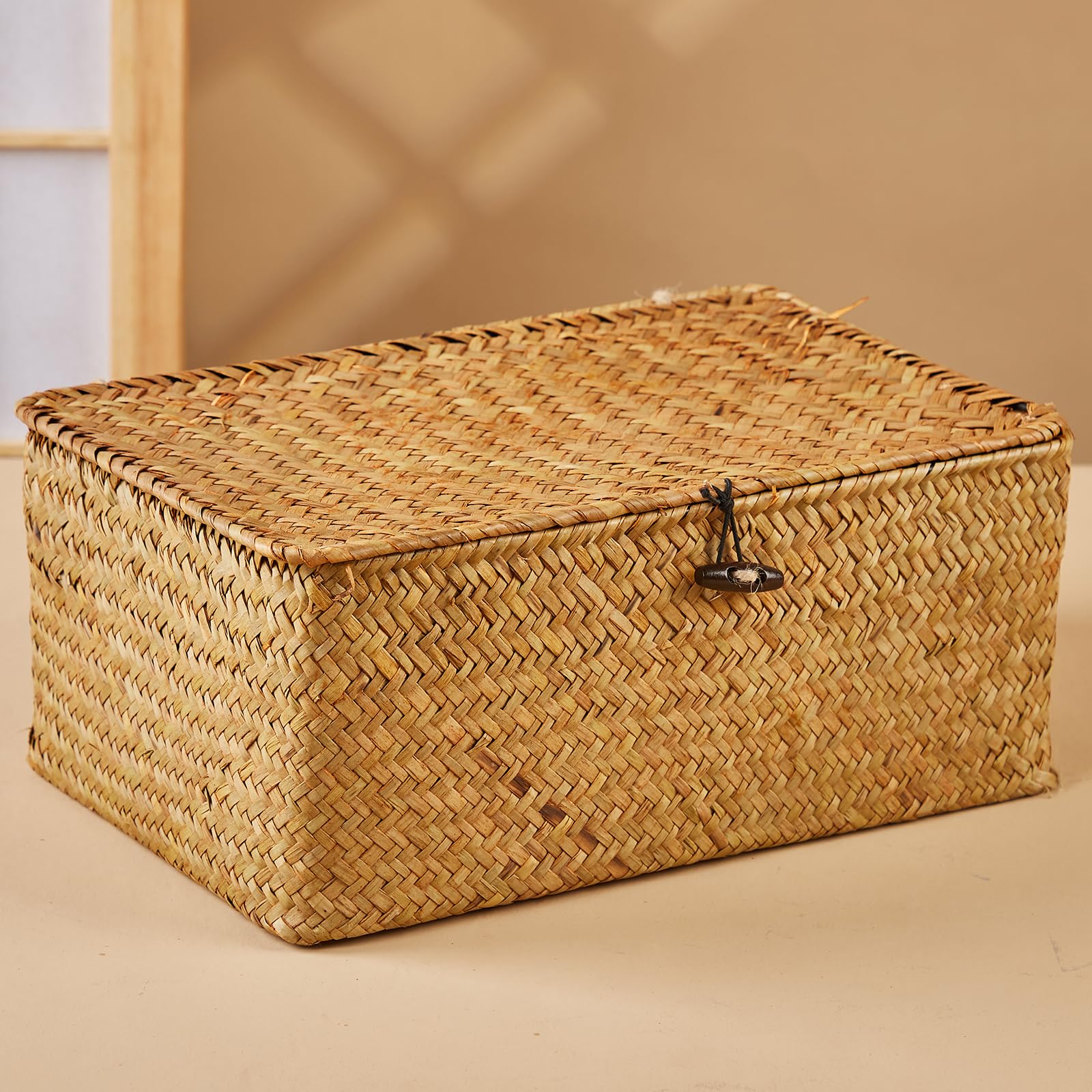 Shelf Baskets with Lid Wicker Baskets with Lids, Nautral Seagrass Storage Baskets, Woven Rectangular Basket Bins (3)