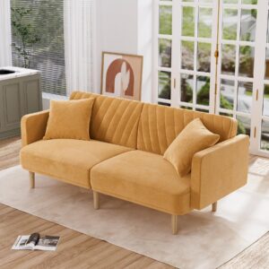 Nolohoo Futon Sofa Bed, Modern Small Couch, 75" Comfy Sleeper Loveseat with 2 Pillows, Velvet Fabric Convertible Sofa Cama Couches for Living Room, Apartment, Mustard Yellow