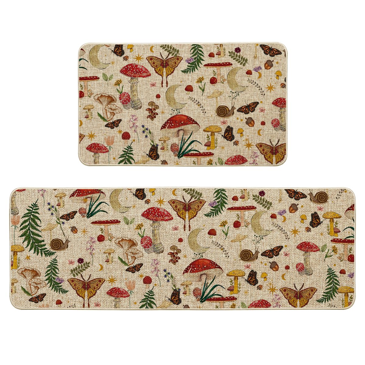 Artoid Mode Mushrooms Butterfly Spring Kitchen Mats Set of 2, Home Decor Low-Profile Kitchen Rugs for Floor - 17x29 and 17x47 Inch