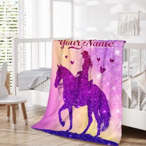 FLEXIMX Personalized Throw Blanket Gifts with Name, Horse Throw Blanket for Kids Girls Women Horse Lovers, Custom 60x50 Inches Pink Blankets Decor for Couch Sofa Bed