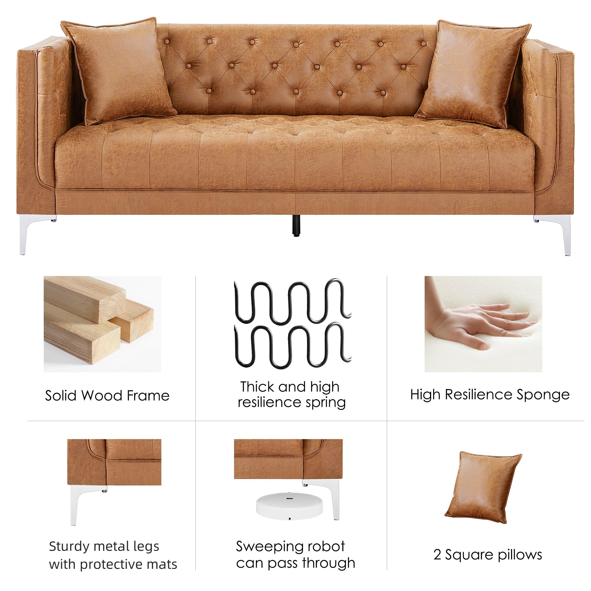 HIFIT 79'' Modern Sofa Couches for Living Room, 3 Seater Sofa with Deep Seats and 2 Pillows, Handmade Button Tufted Leather Couch for Apartment | Office 79''W x 30''D x 30''H, Brown