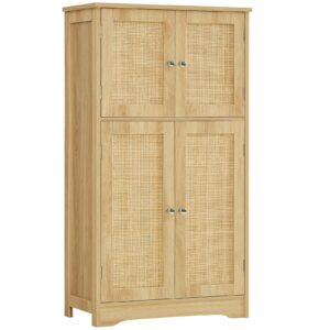 iwell storage cabinet, rattan cabinet with 4 rattan doors & adjustable shelf, bathroom floor cabinet for living room, entryway, home office, natural