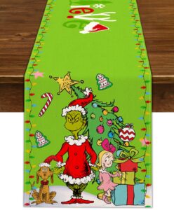 nepnuser green christmas table runner welcome to whoville believe theme party decoration xmas winter holiday home kitchen island decor 72inches long (green, 13" x 72")