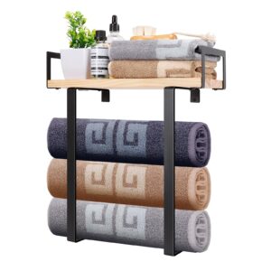 nearmoon towel rack with wooden shelf, all metal bath towel holder rustproof towel storage, bathroom organizer for hand towels, washcloths, large towels, wall mounted (1 pack, matte black)