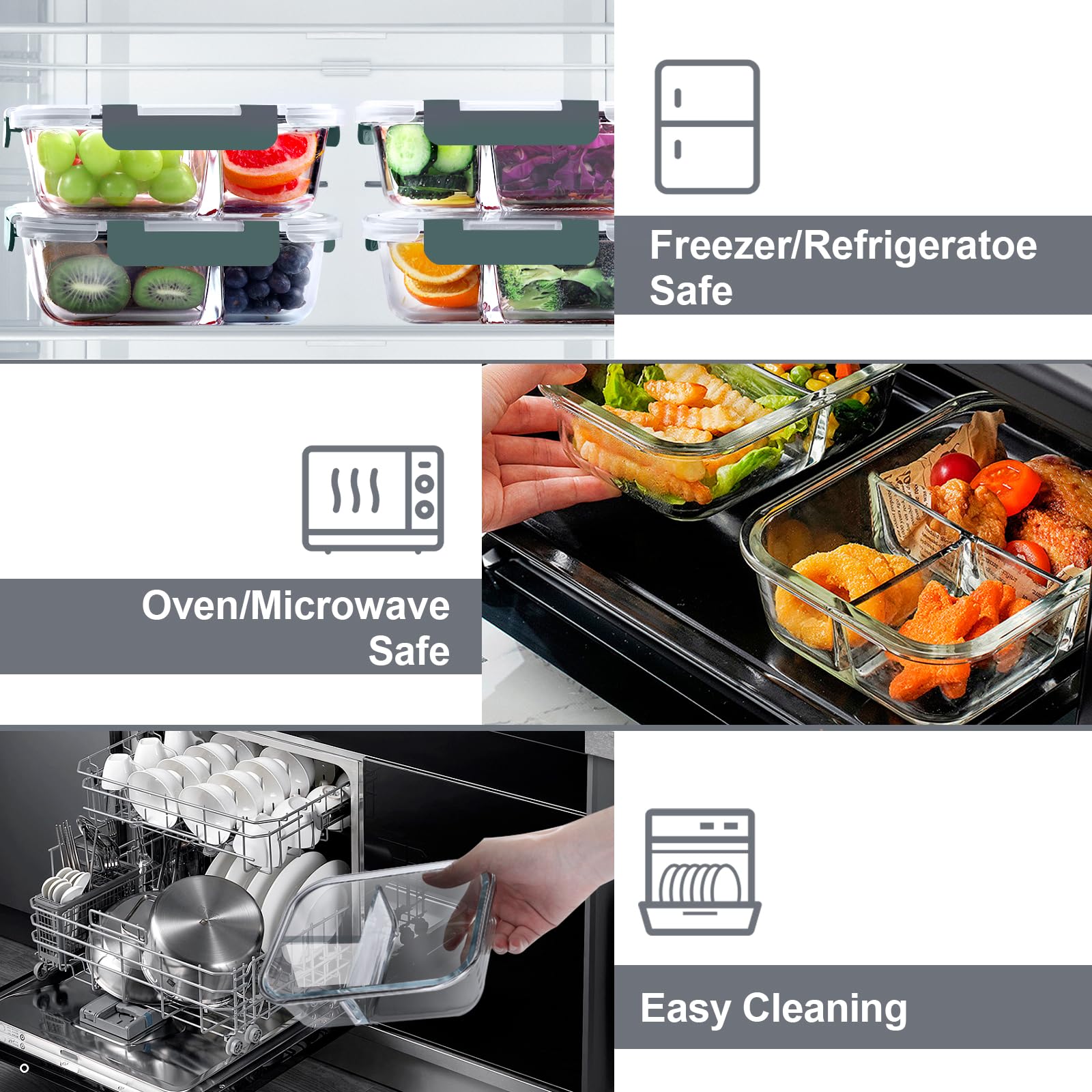 VERONES 5 Pack Glass Meal Prep Containers 3 Compartment Set, 36OZ Airtight Glass Lunch Containers, Glass Food Storage Containers with Lids, for Microwave, Oven, Freezer & Dishwasher Friendly,Grey