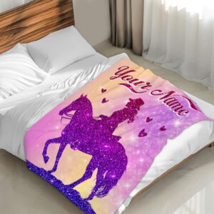 FLEXIMX Personalized Throw Blanket Gifts with Name, Horse Throw Blanket for Kids Girls Women Horse Lovers, Custom 60x50 Inches Pink Blankets Decor for Couch Sofa Bed