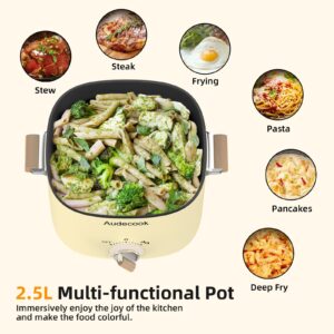 Audecook Hot Pot Electric, 2.5L Portable Nonstick Multicooker for 1-3 Persons, Honeycomb Texture Travel Electric Skillet with Dual Power Temperature Control for Steak/Egg/Noodles/Oatmeal (Beige)