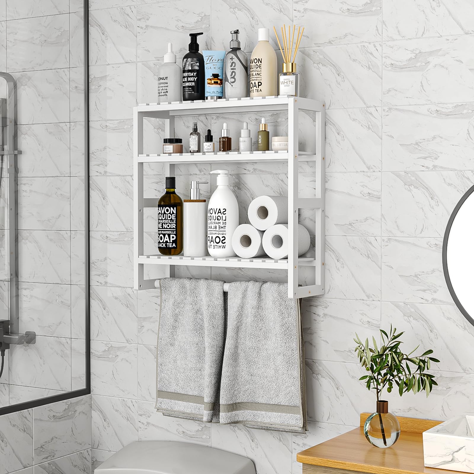 Galood Bathroom Organizers and Storage Towel Racks for Bathroom,3-Tier Wall Shelf Over Toilet Storage Multifunctional Adjustable Towel Holder Floating Shelves (White)