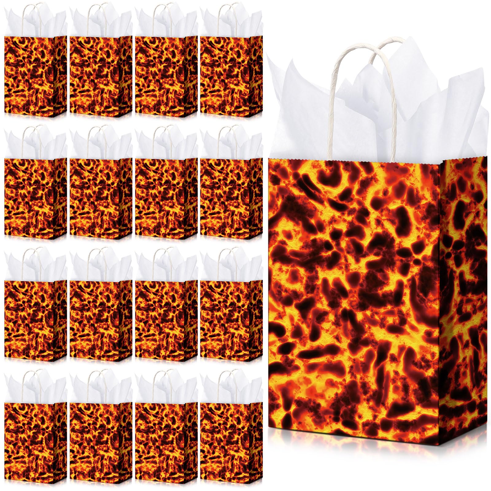 24 Pack Lava Paper Bags Lava Party Supplies, Volcano Birthday Fire Party Gift Kraft Bags, Dragon Dinosaur Theme Party Bags for Lava Floor Game Lava Theme Party with Handles, 8.7 x 6.3 x 3.2 inches