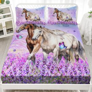 HOSIMA Farm Animal Bedding Set Horse Fitted Sheet,Butterfly Lilac Floral Fitted Sheet Sets for Girls Couple Room Decor Aesthetic Bedding Sets Castle Fairy Twin Fitted Sheet with 2 Pillowcases.