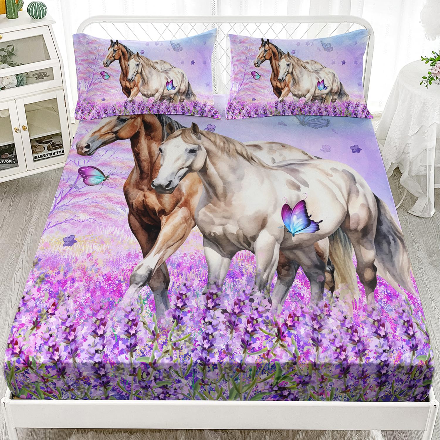 HOSIMA Farm Animal Bedding Set Horse Fitted Sheet,Butterfly Lilac Floral Fitted Sheet Sets for Girls Couple Room Decor Aesthetic Bedding Sets Castle Fairy Twin Fitted Sheet with 2 Pillowcases.