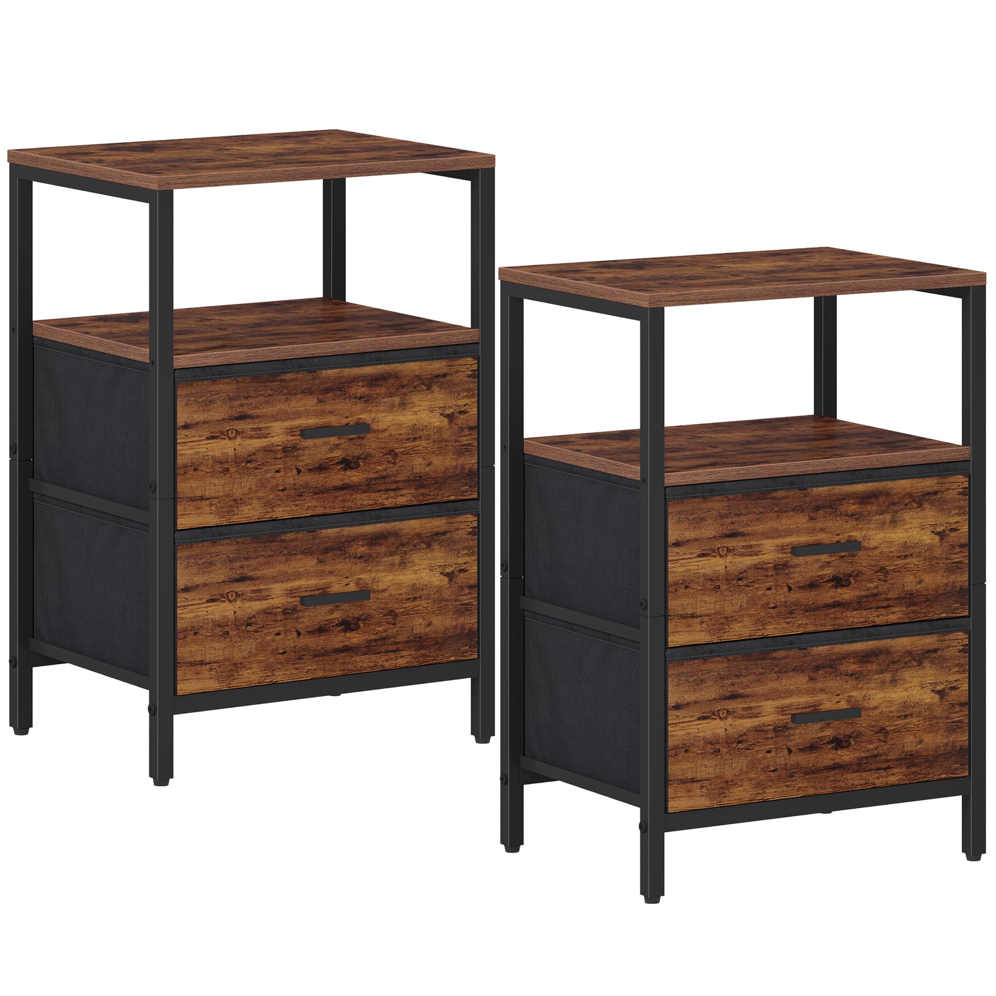 Hzuaneri End Table, Nightstands with 2 Fabric Storage Drawers and Shelves, Side Table, Bedside Tables with Open Storage Shelf for Bedroom, Office, Rustic Brown NS30701B