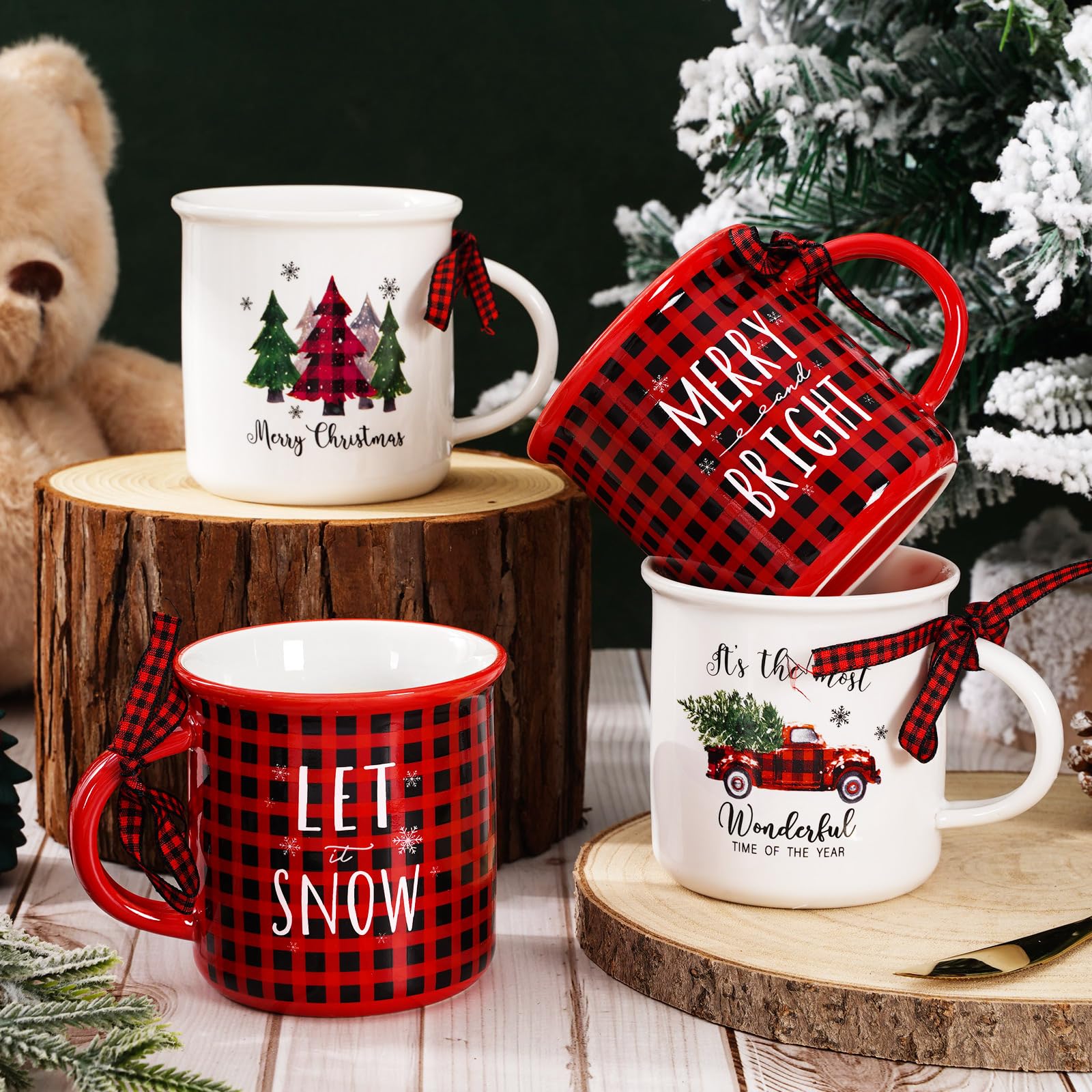 Whaline 4Pcs Christmas Mini Mugs with Plaid Ribbon Red Black Plaid Xmas Tree Truck Snowflake Mini Coffee Mug Merry Christmas Party Cups for Table Centerpieces Tiered Tray Decor Gifts