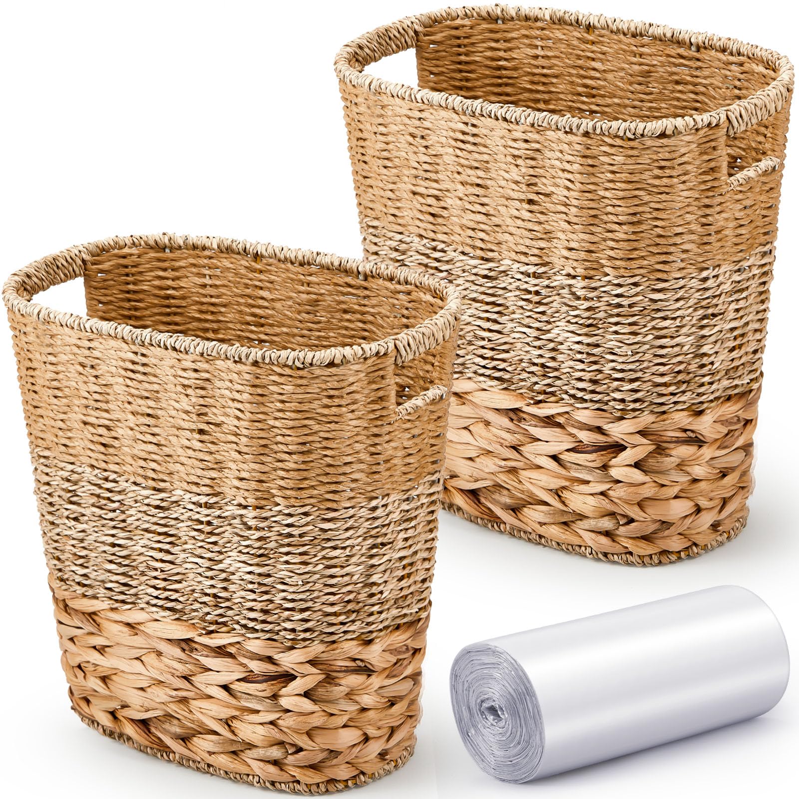 Ziliny 2 Pcs Wicker Trash Can with 50 Small Trash Bag Wicker Waste Woven Basket with Handles Clear Multi Use Garbage Bags for Bathroom Kitchen Bedroom