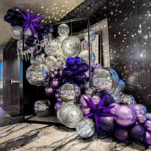 yeewaka chrome purple silver disco balloon garland arch kit 120pcs dark purple & metallic purple balloons with disco ball star balloons for birthday 2024 new year eve prom party decorations