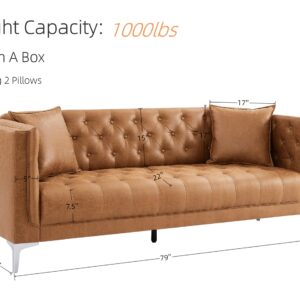 HIFIT 79'' Modern Sofa Couches for Living Room, 3 Seater Sofa with Deep Seats and 2 Pillows, Handmade Button Tufted Leather Couch for Apartment | Office 79''W x 30''D x 30''H, Brown