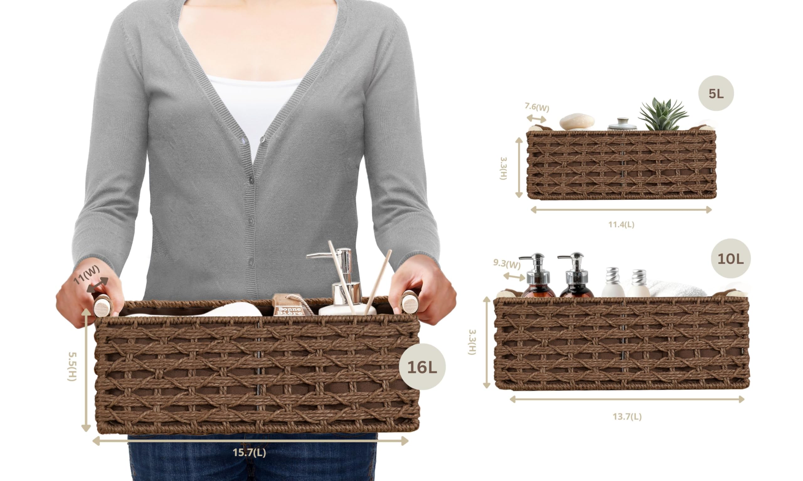 DECOMOMO Wicker Storage Basket, Toilet Paper Basket for Organizing Storage, Paper Rope Baskets with Liner and Wooden Handles for Shelves Cosmetics Books (Brown – 3 Pack)