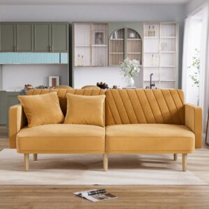 nolohoo futon sofa bed, modern small couch, 75" comfy sleeper loveseat with 2 pillows, velvet fabric convertible sofa cama couches for living room, apartment, mustard yellow