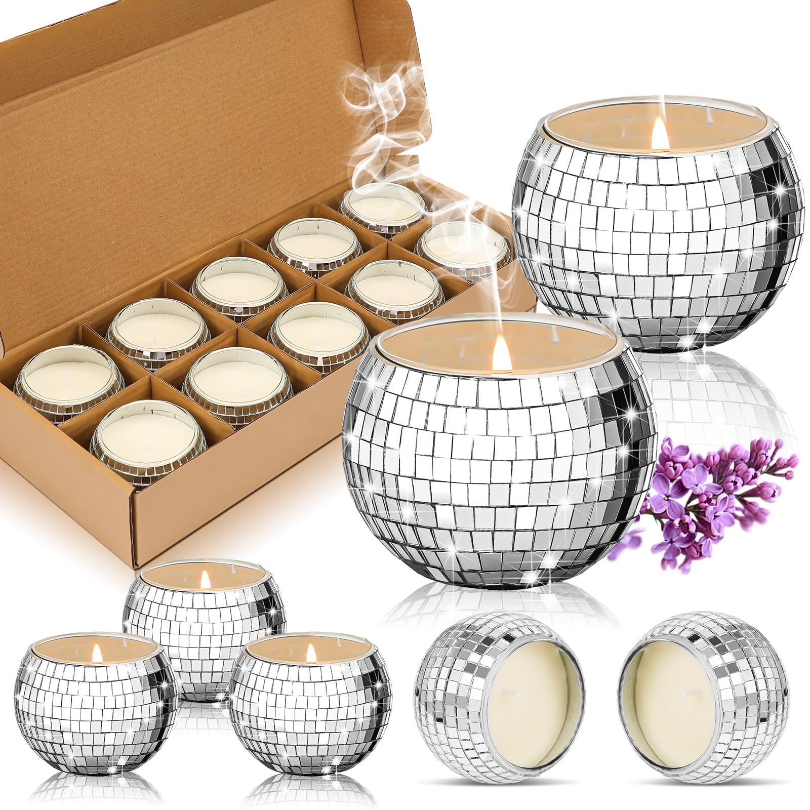 MTLEE Scented Candle Gifts Bulk for Women Mirror Disco Ball Candle Storage Soy Candles with Essential Oils for Wedding 70s Disco Party Decoration Teacher Mom Home Birthday Gifts (10 Pcs)