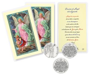 spanish catholic guardian angel prayer card - with guardian angel coin - laminated double sided guardian angel holy card, guardian angel token - angel de la guarda oracion tarjetas - 6 items total